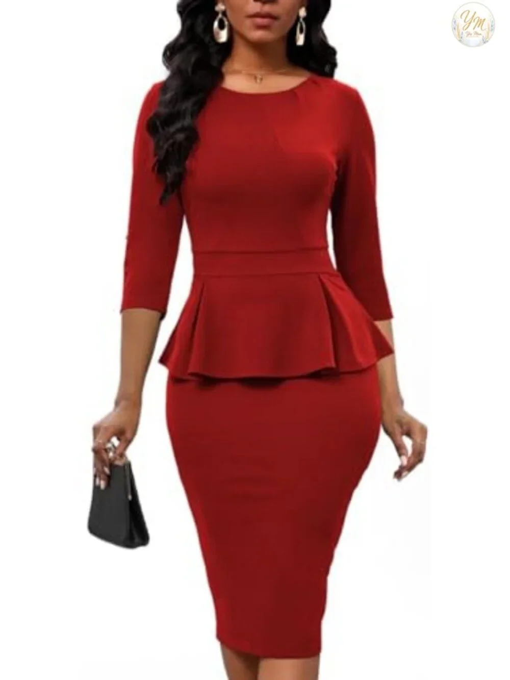 Peplum Bodycon Midi Dress Work Office Business Pencil Dress 3/4 Sleeve